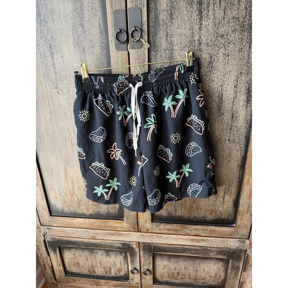 Chubbies swim trunks black background with a neon-colored print men's medium